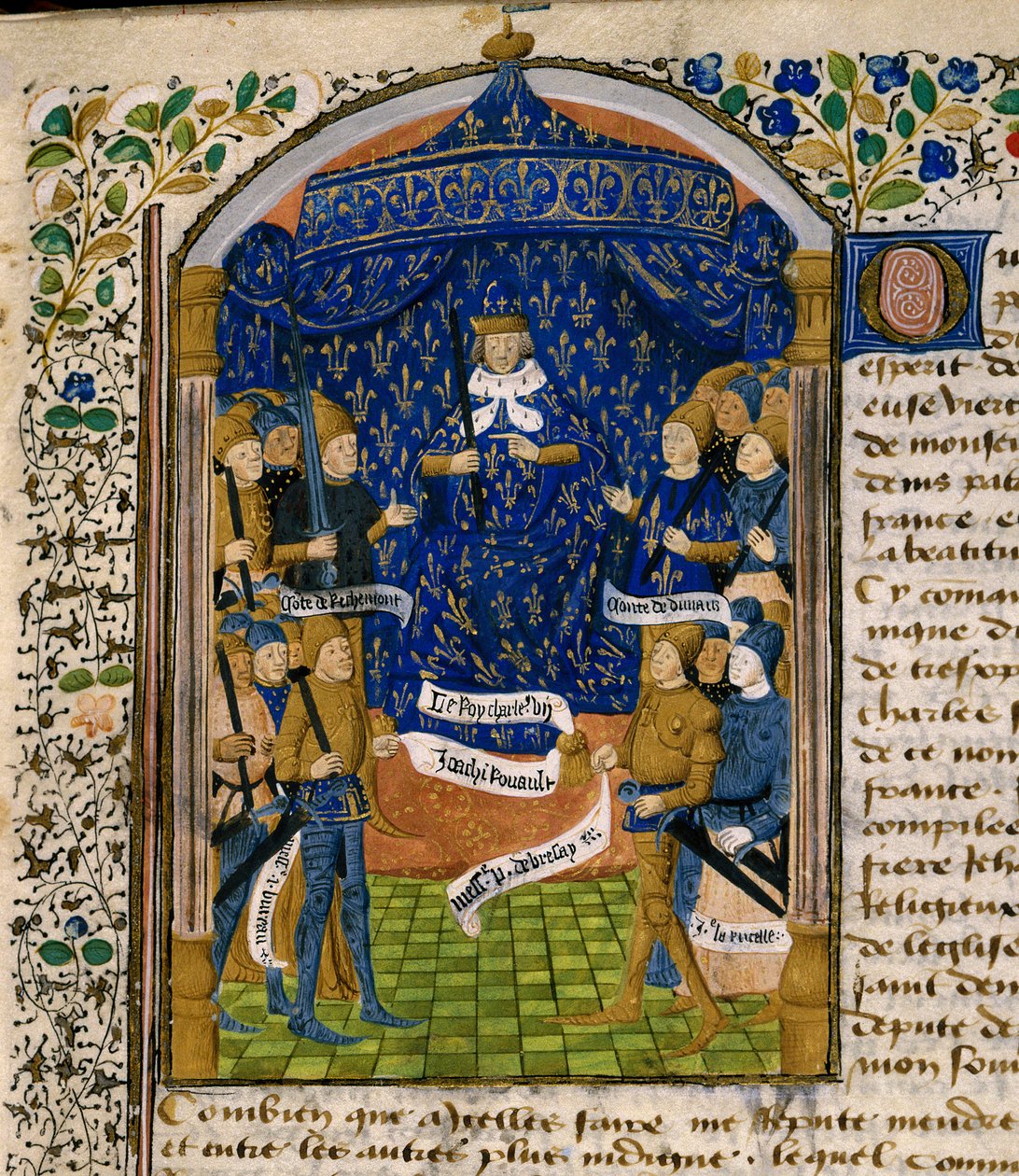 Francouzský král Karel VII. (1403-1461) a jeho dvůr. Vpravo: Jean d