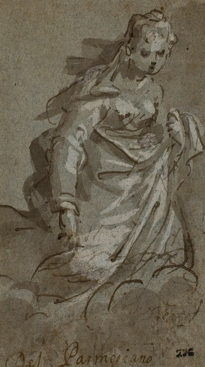 Klečící ženská postava v oblacích (recto); figurální náčrty (verso) od Unknown artist