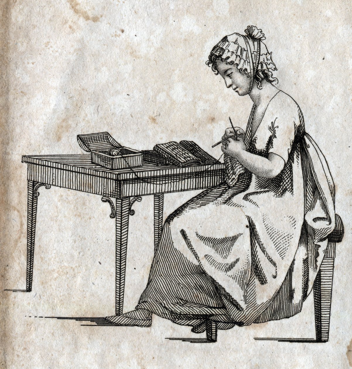 Pletací stroj: žena zaneprázdněná pletením vlny (pletení) Rytí koncem 18. století. Soukromá sbírka. od Unknown artist