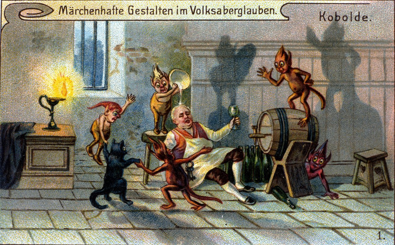 Koboldi, malí elfové nebo farfadeti německé lidové tradice. chromolitograf 19. století. od Unknown artist