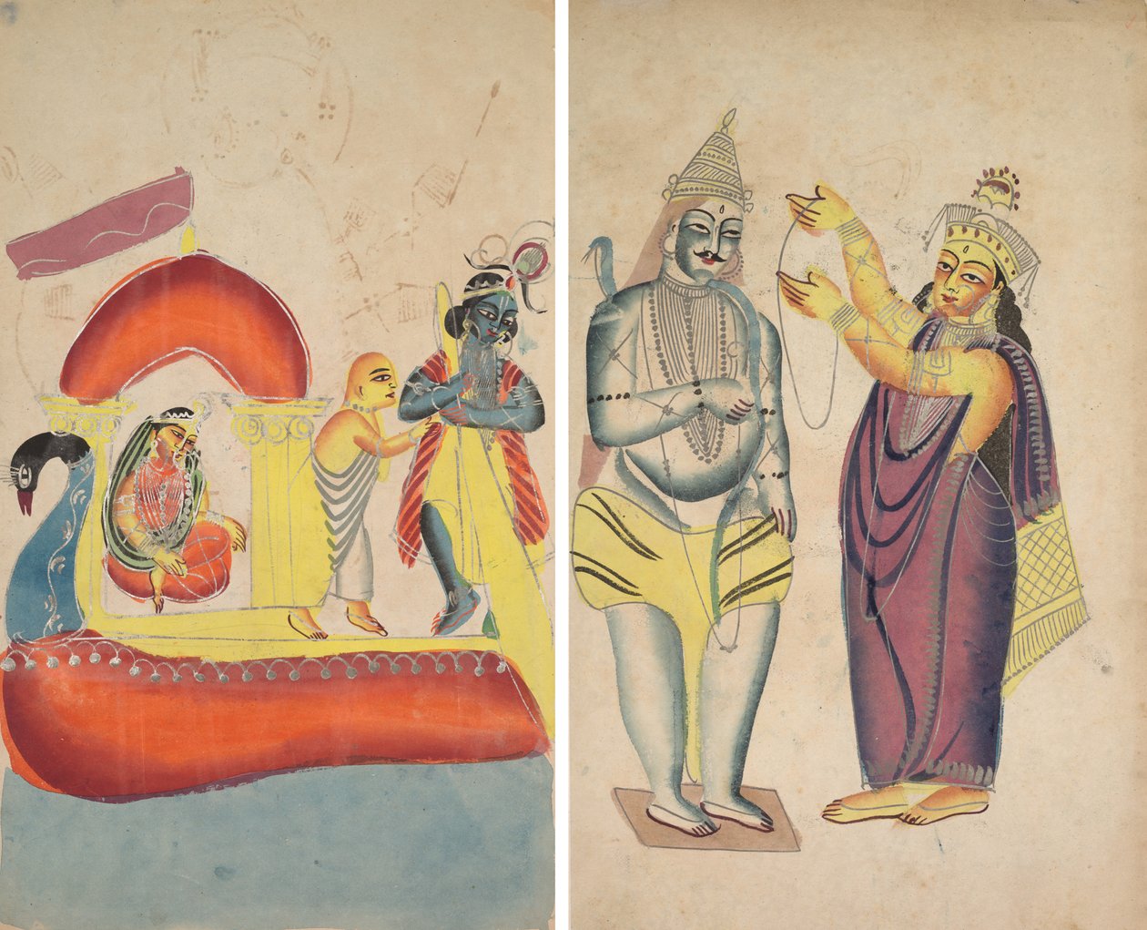 Krišna převáží Rádhu přes řeku Jamuna (recto); Parivati Umístění svatební girlandy na Shiva (verze) od Unknown artist