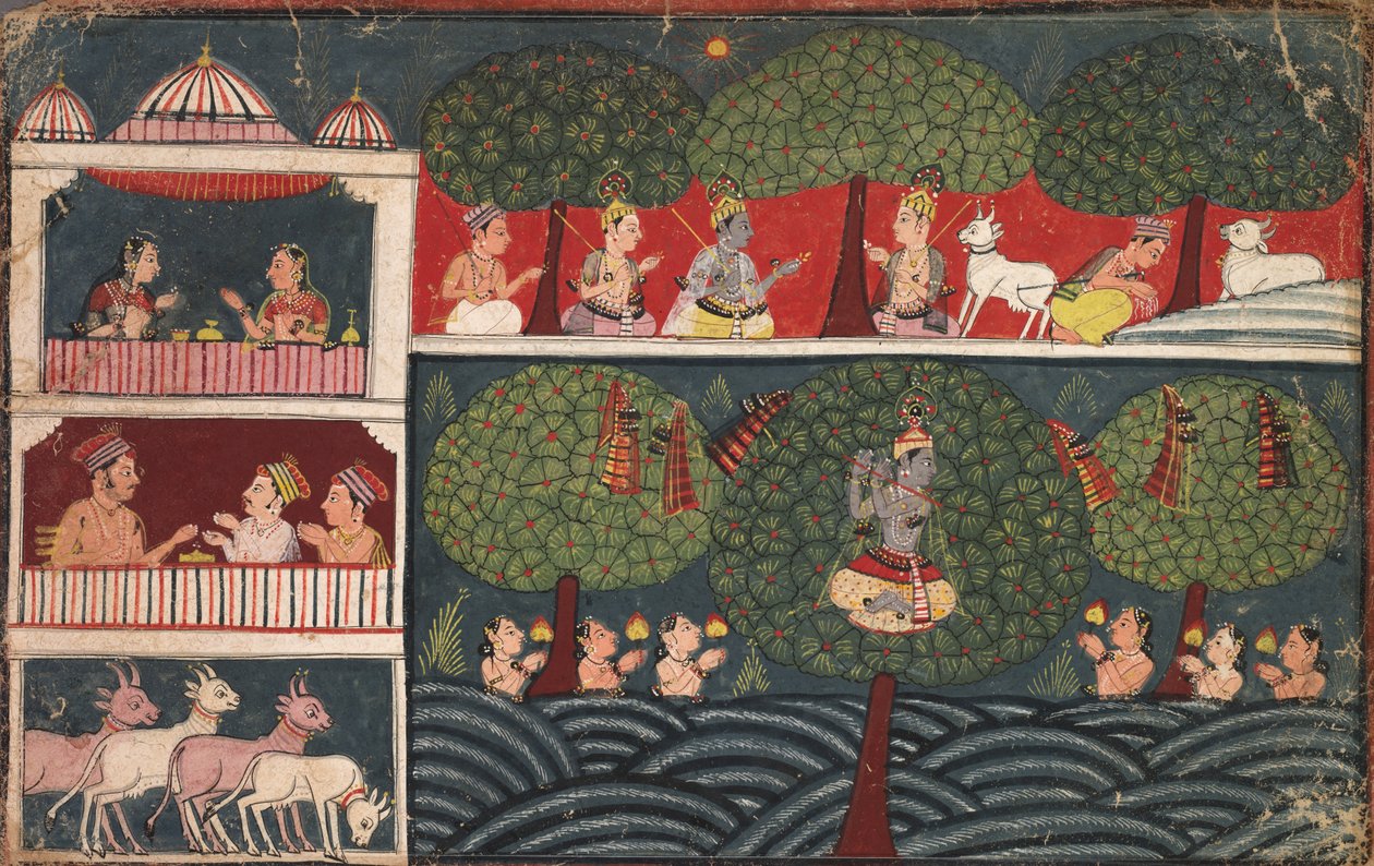Krišna krade šaty dojek a vysvětluje ctnost stromů z Braj Bhagavata Purany od Unknown artist