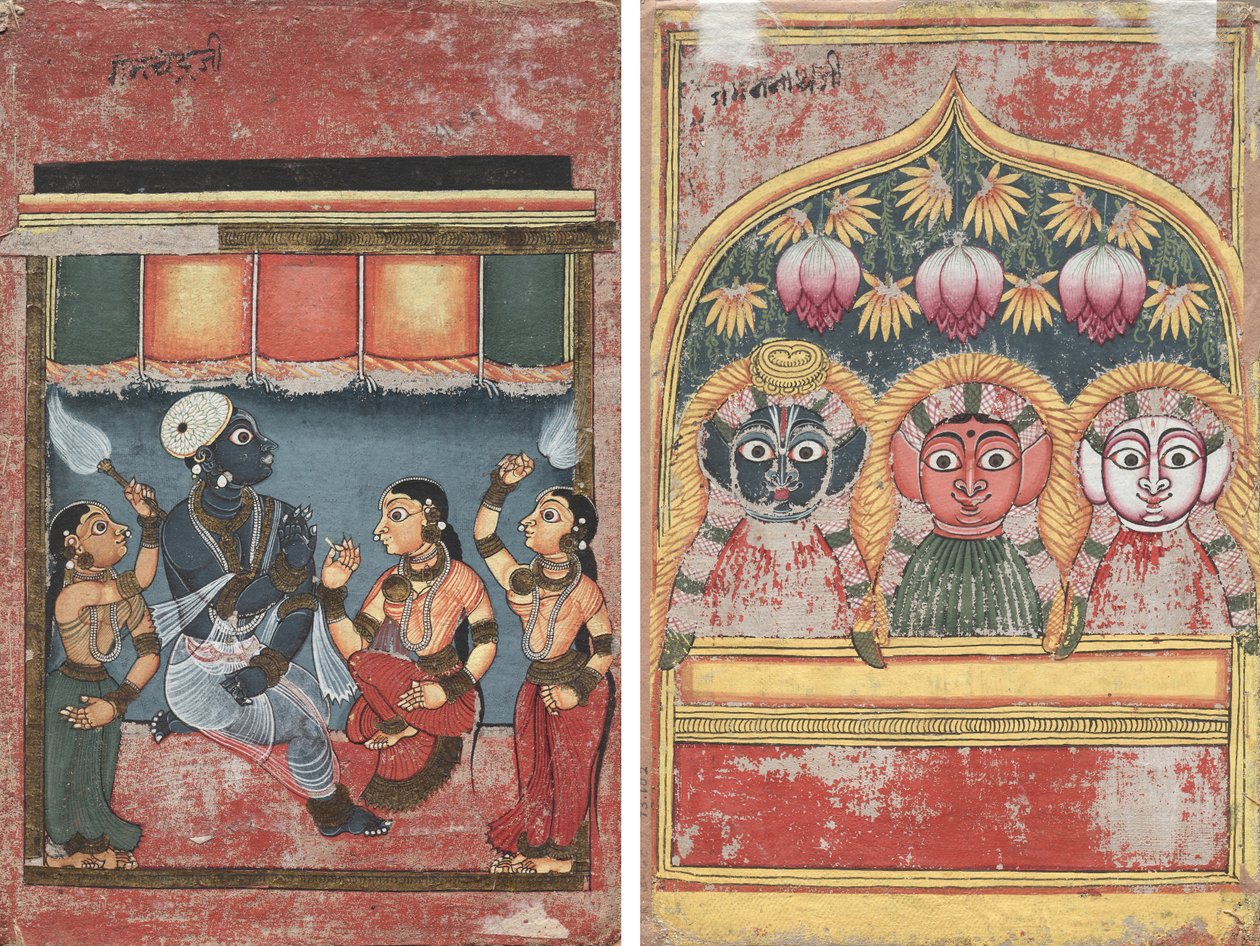 Krišna s Rádhou a dvěma průvodci (recto); Jagannath, Subhadra a Balarama v oblouku (verze) od Unknown artist