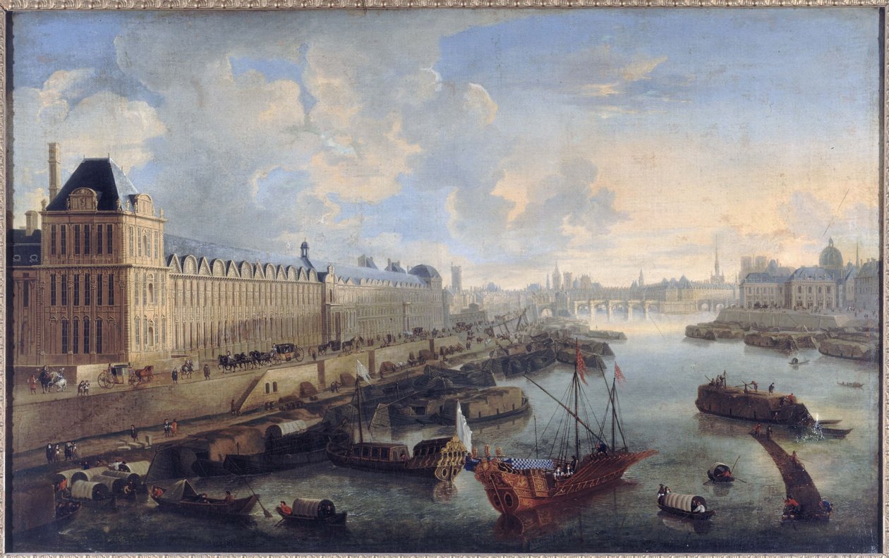 La Grande Galerie du Louvre, le Pont-Neuf, la Cité, le collège des Quatres-Nations, kolem roku 1670, na Seině královská galéra, dnešní 1. a 6. obvod, mezi lety 1670 a 1685 (olej na plátně) od Unknown artist