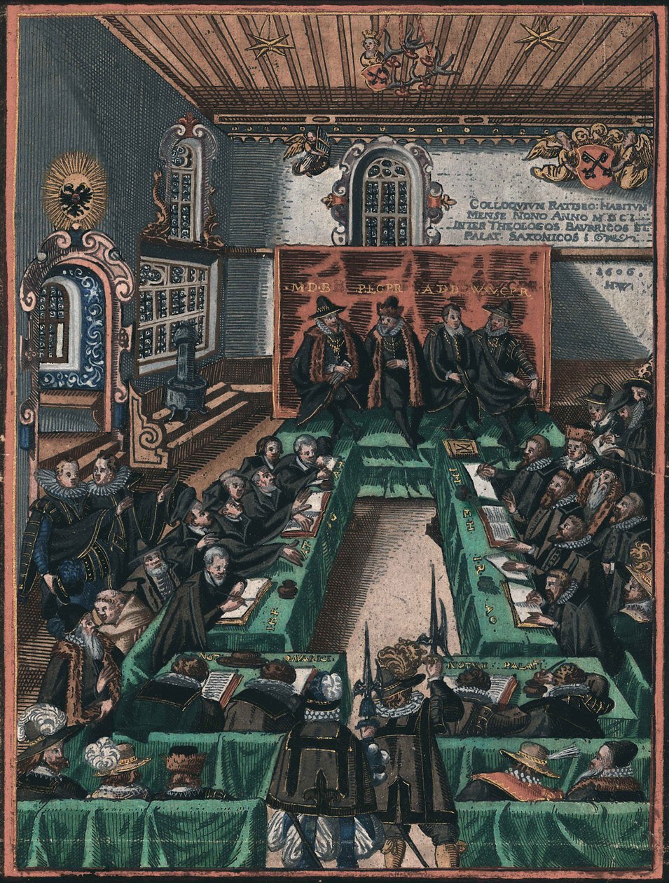 La conference religieuse de Ratisbonne en 1601 - Regensburgské náboženské kolokvium z roku 1601, Anonymní. mědirytina, akvarel, c. 1605. Historisches Museum der Stadt Regensburg od Unknown artist