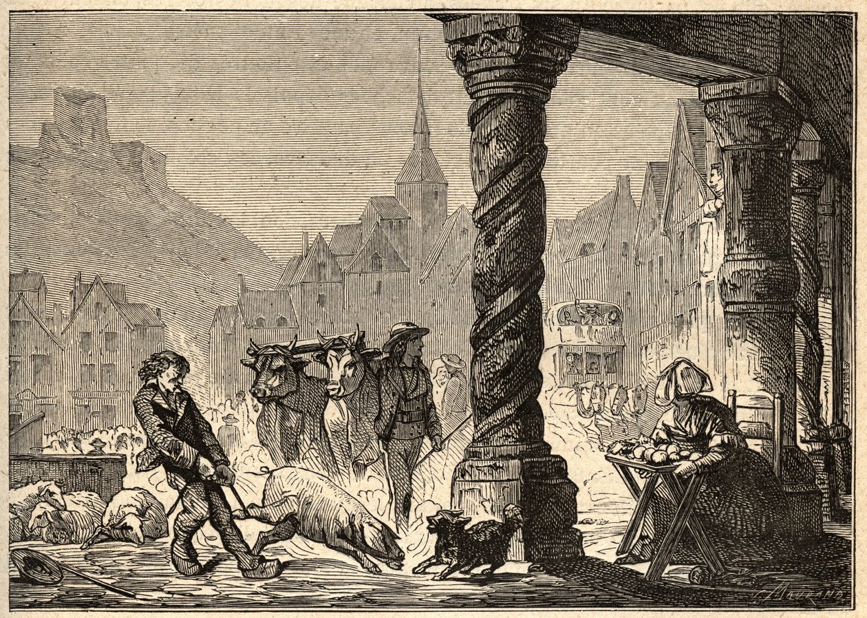 Hlavní ulice na jednodenní procházce v Dol de Bretagne - rytina "” PATRIE”” - POPIS PECTURESSE DE LA FRANCE EN 6 SVAZKŮ LUCIEN HUARD - konec 19. století od Unknown artist