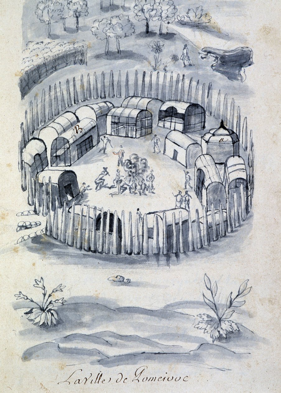 Město Pomeivue (koloniální tábor v Kanadě) - v „“ Dialog nebo rozhovor Francouze s divochem“ od Unknown artist