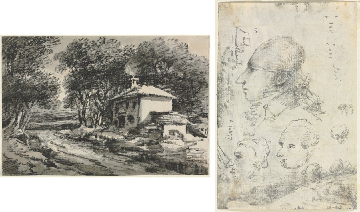 Krajina s chalupou (recto); Studie hlav (verze) od Unknown artist