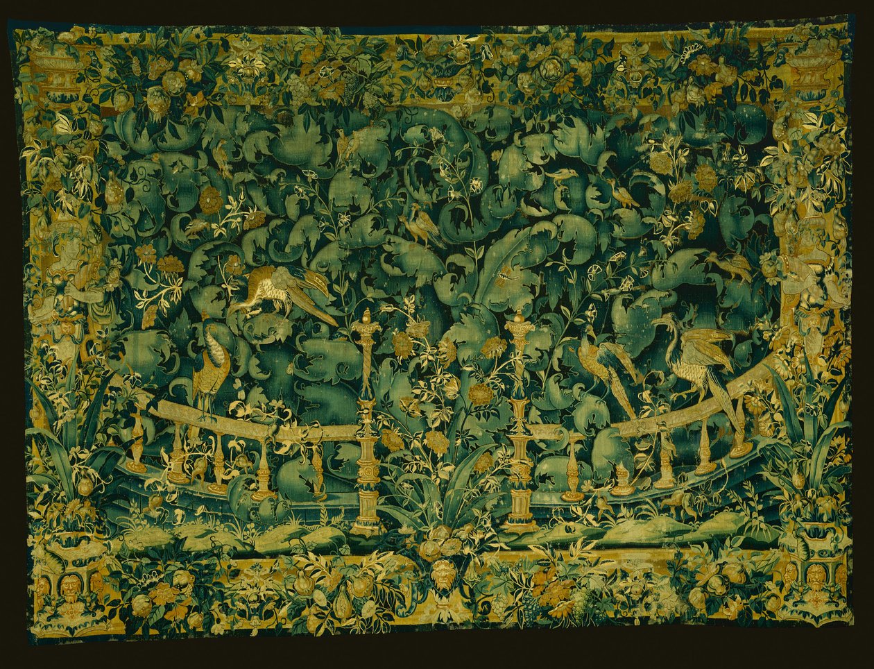 Velká listová zeleň s balustrádou a ptáky od Unknown artist