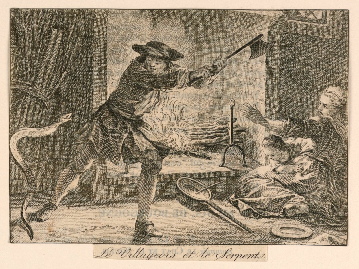 „Vesničan a had“ z La Fontainových bajek od Unknown artist