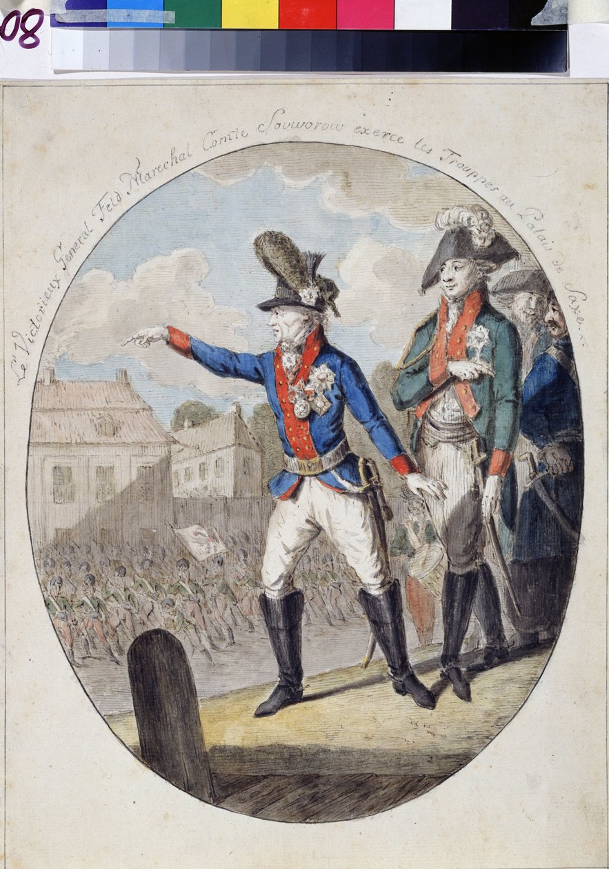 Maršál Alexander Alexander Souwaroff (Souvaroff nebo Souvarov nebo Alexander Souvorov) (1729-1800) inspekce vojsk před kurfiřtem saského paláce ve Varšavě v roce 1794 během Kosciuszkova povstání. (polní maršál Alexandr Suvorov inspekt od Unknown artist