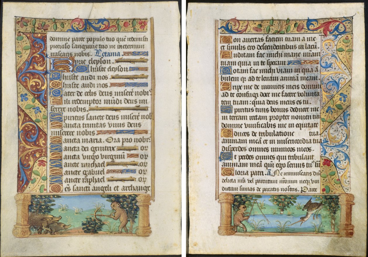 List z knihy hodin: Lov lidoopů na divoká prasata (recto) a Lov lidoopů (verze) od Unknown artist