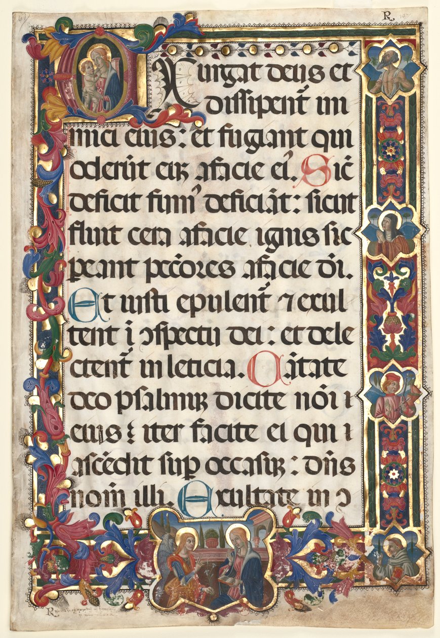 List ze žaltáře s plným okrajem s medailony (Zvěstování, SS. Jerome, Clare, Sebastian a Bernardino) a historickou iniciálou (E): Panna a dítě od Unknown artist