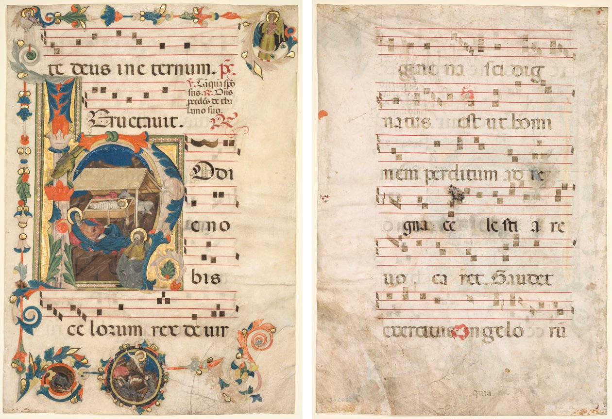 List z antifonáře s historickou iniciálou (H) s Narozením (recto) a hudbou (verso) od Unknown artist