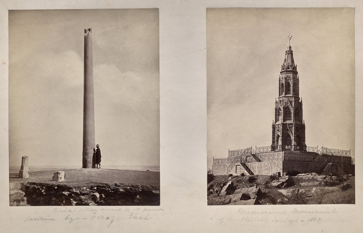 Vlevo: [Ašókův sloup přesunutý Ferozem Šáhem na současné místo]. Vpravo: Památník britských vojáků z roku 1859. od Unknown artist