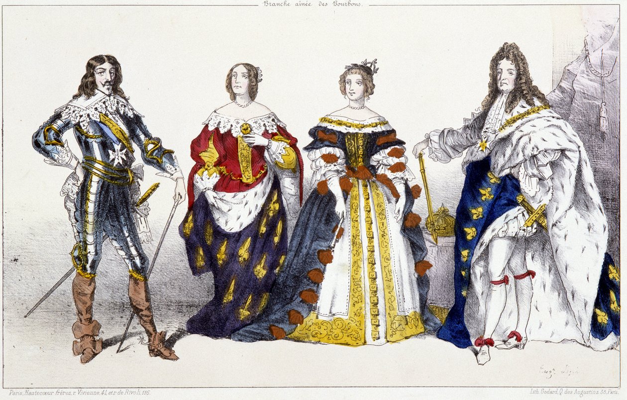 Les Bourbons: Ludvík XIII. (1601-1643) a Anna Rakouská (1601-1666), Marie Terezie Rakouská (nebo Španělská) (1638-1683) a Ludvík XIV. (1638-1715) - Talíř extrahovaný od králů a královen Francie v tisku, Paris, ed. Rychlý od Unknown artist