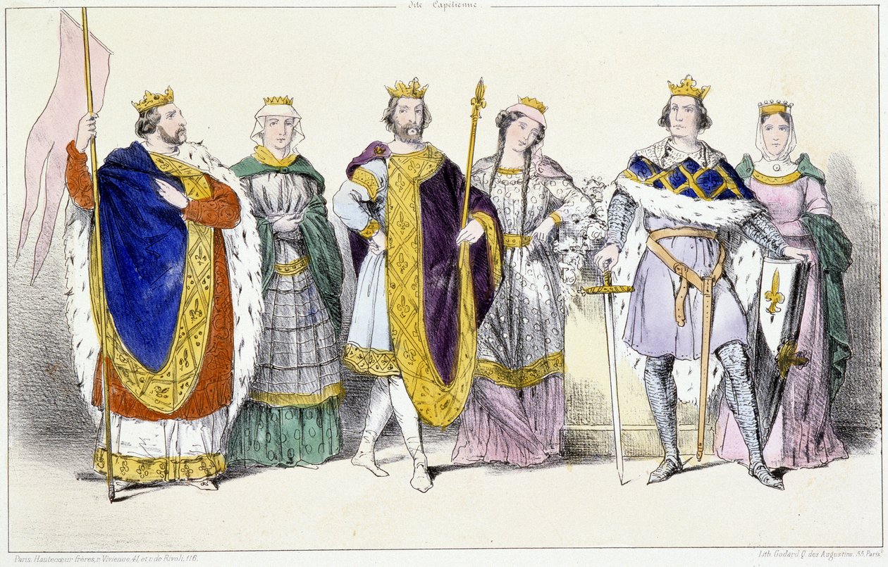 Kapetovci: Ludvík VI. Le Gros (1081-1137) a Adelaide Savojská (asi 1100-1154), Ludvík VII. Le Jeune (1120-1180) a Adéla ze Champagne (nebo Blois) (asi 1140-1206), Philippe II dit Philippe Auguste (1165-1223) a Isabelle de Hainaut (1170-1190) - deska fr od Unknown artist