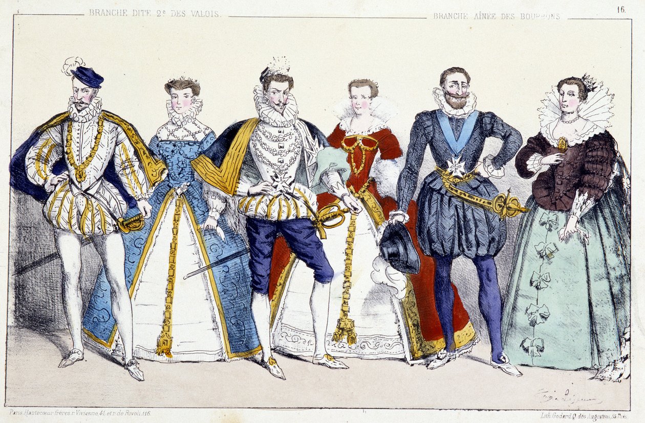 Les Valois et les Bourbons: Karel IX. (1550-1574) a Alžběta Rakouská (1554-1592), Jindřich III. (1551-1589) a Louise de Lorraine Vaudemont (1553-1601), Jindřich IV. (1553-1610) a Marie de Medicis (1575-1642) - Plage extrahovaný z králů a královen Fr od Unknown artist