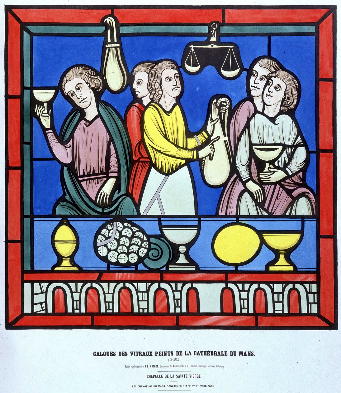 Les chanteurs du Mans - Fac simile z vitrážového okna Cathedrale du Mans ze 13. století. vrstva 19. století. od Unknown artist
