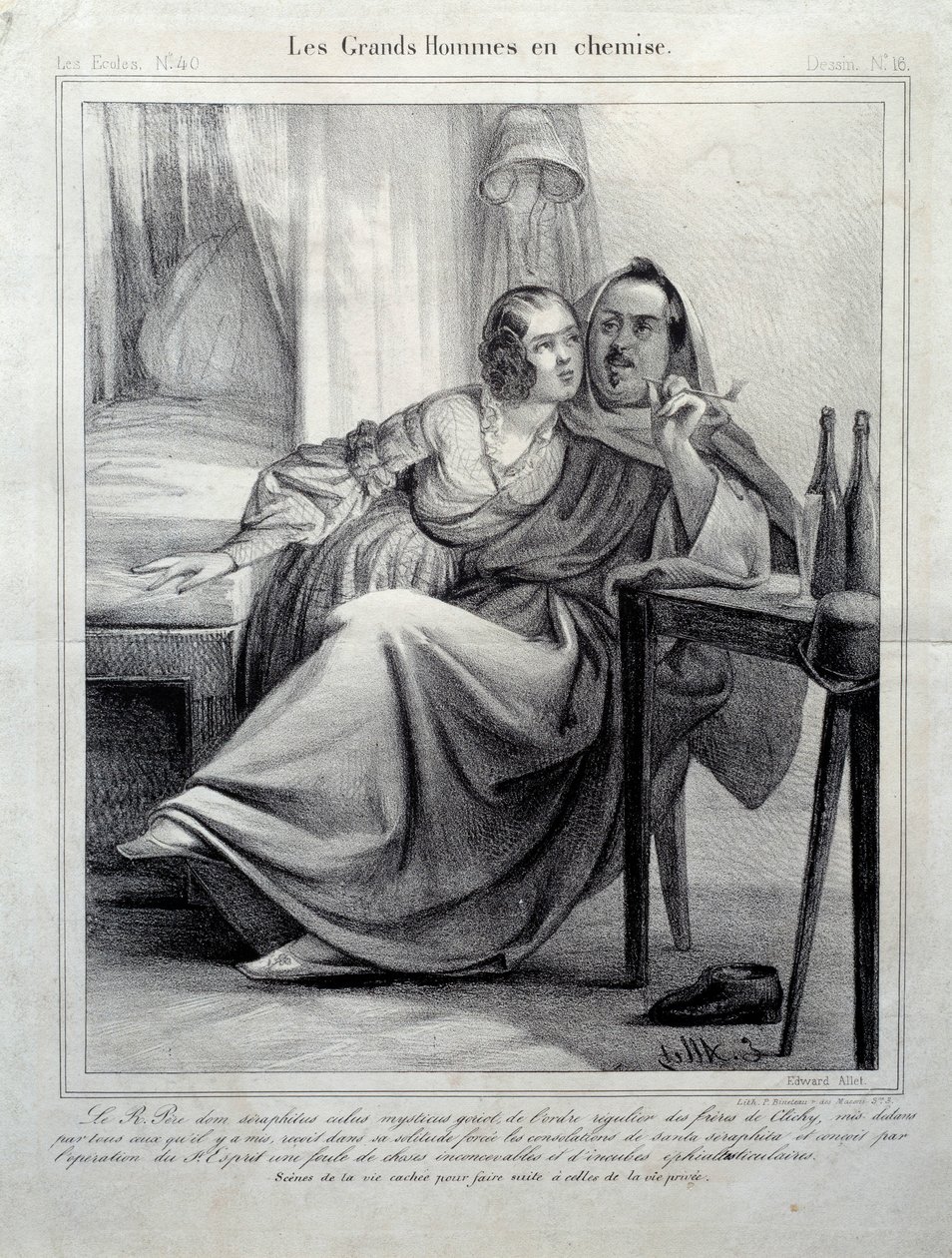 Les grands hommes en chemise Reprezentace spisovatele Honore de Balzac (1799-1850), který objímal mladou ženu při kouření cigarety. Ilustrace E. Allet (19. století) Paris, Maison Balzac od Unknown artist