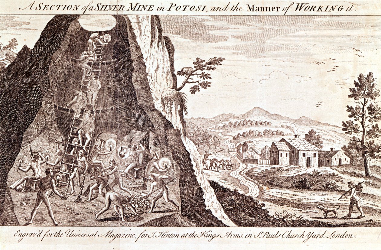 Stříbrné doly v Potosí v Bolívii. 19. století rytina. od Unknown artist
