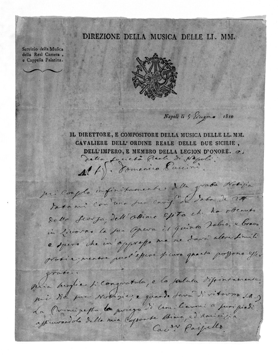Dopis od Giovanniho Paisiella (nebo Paeseella nebo Paesieilla) (1740-1816), italského skladatele u Domenica Pucciniho, dědečka Giacoma Pucciniho. 1810. Milan La Scala divadelní muzeum. od Unknown artist