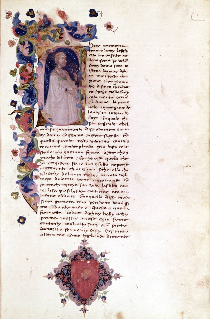 Písmeno „“ a““ na miniaturní stránce incipitu „“ Teseide““. Giovanni Boccaccio (1313 - 1375). Rukopis 15. století. Trivulziana Milan. od Unknown artist