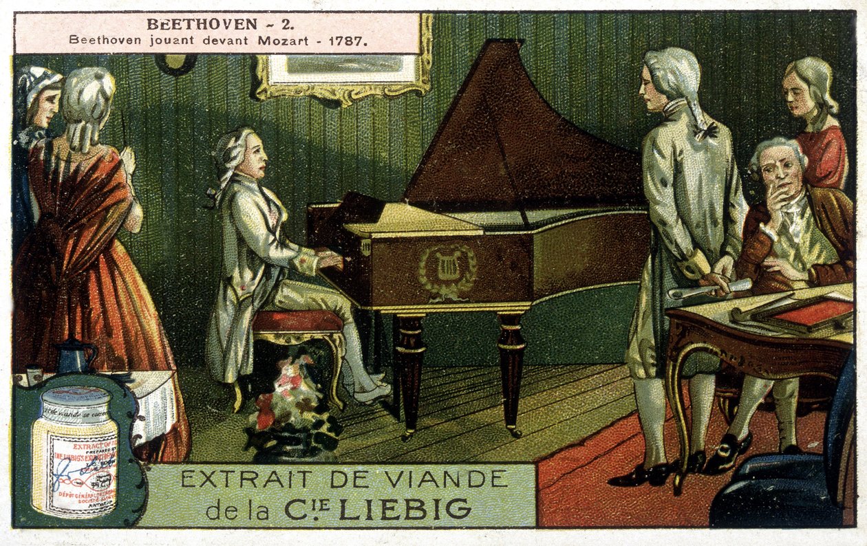 Liebigova chromolitografie. Ludwig van Beethoven (1770/1827) hraje před Wolfgangem Amadeem Mozartem (1756/1791). Zde v roce 1787. od Unknown artist