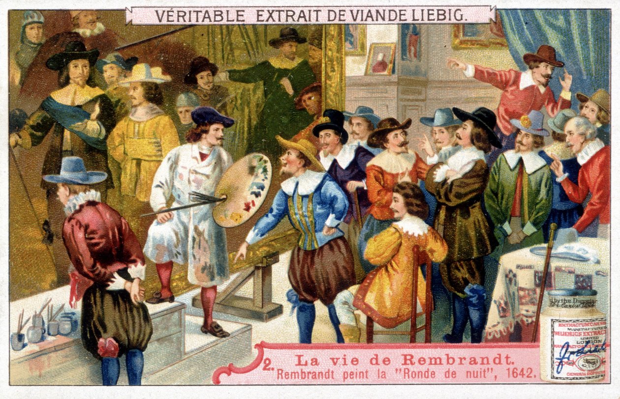 Liebigova chromolitografie o životě Rembrandta (1606 - 1669), holandského malíře. Zde noční kolo v roce 1642. od Unknown artist