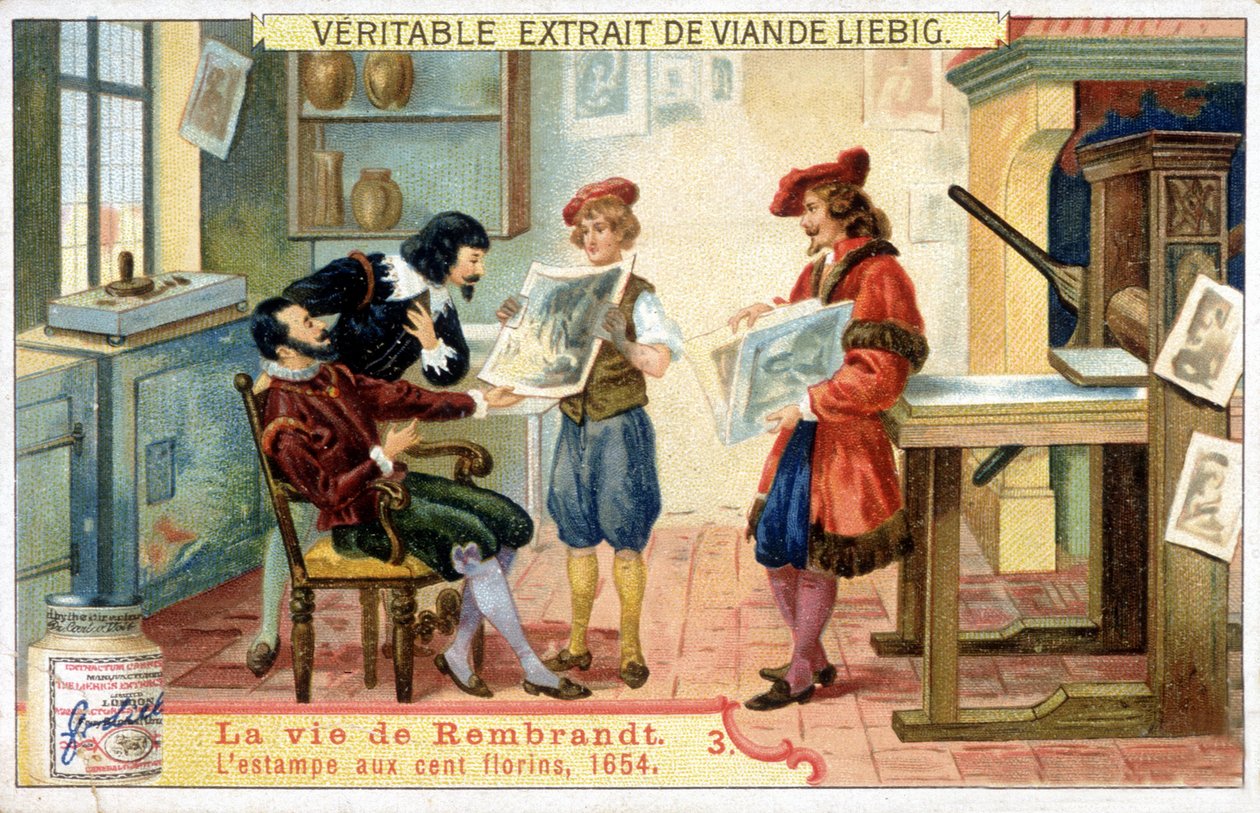 Liebigova chromolitografie o životě Rembrandta (1606 - 1669) holandského malíře. Toto je tisk 100 zlatých v roce 1654. od Unknown artist