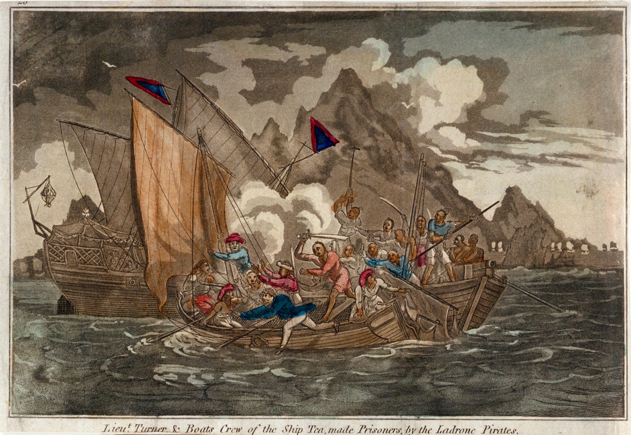 Poručík Turner a posádka lodi "Tea", kterou zajali piráti z Ladrone, kolem roku 1800 (kolorovaná akvatinta) od Unknown artist
