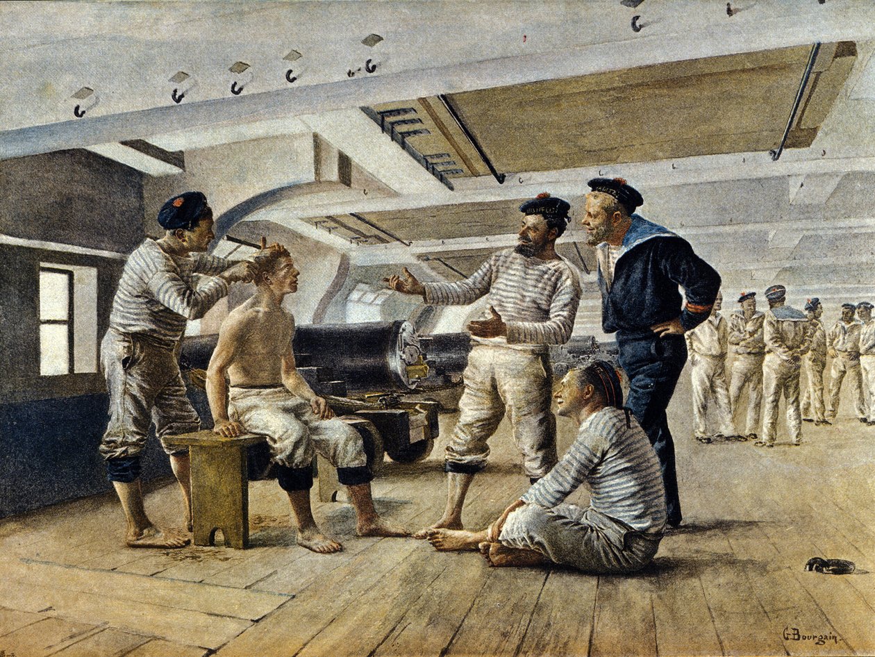 Život na palubě francouzské válečné lodi: lodní holič oholí námořníky, kolem roku 1800 od Unknown artist