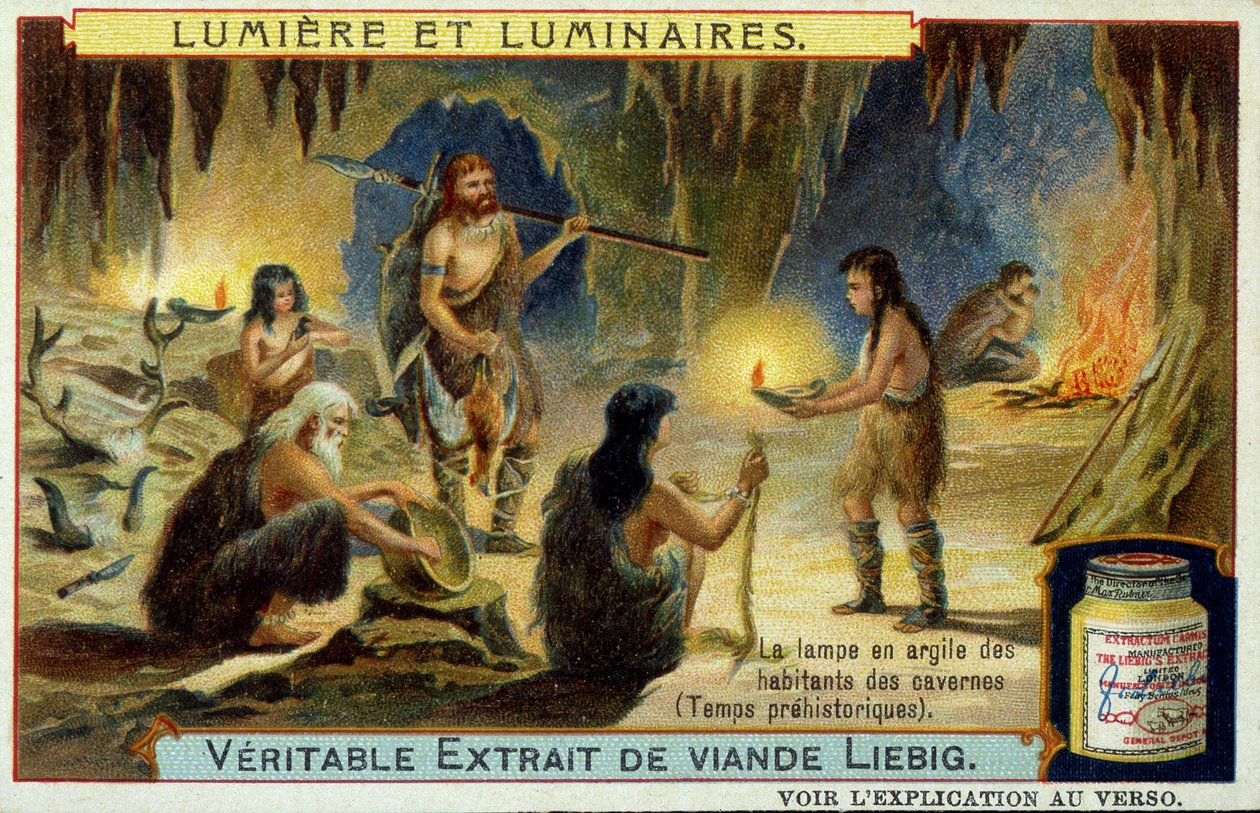 Světlo a svítidla: hliněná lampa obyvatel jeskyní v prehistorických dobách. Ilustrace na Liebigových embalezích. od Unknown artist