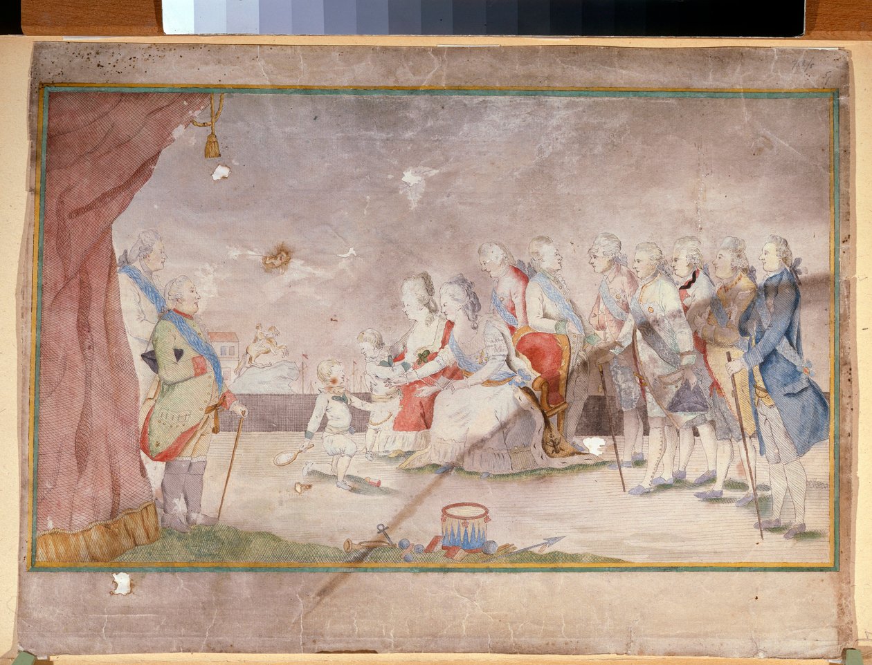 Císařovna Kateřina II s rodinou a kurtizány (Císařovna Kateřina II s rodinou a dvořany) - Anonymní dílo, akvarel a inkoust na papíře, konec roku 1780 od Unknown artist