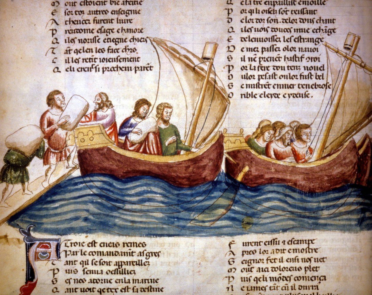 Nakládání nákladu na palubu, konec 13. století. Miniatura „Roman de Troy““ od Benoita de Saint Maure. Biblioteca Marciana ze 14. století, Benátky od Unknown artist