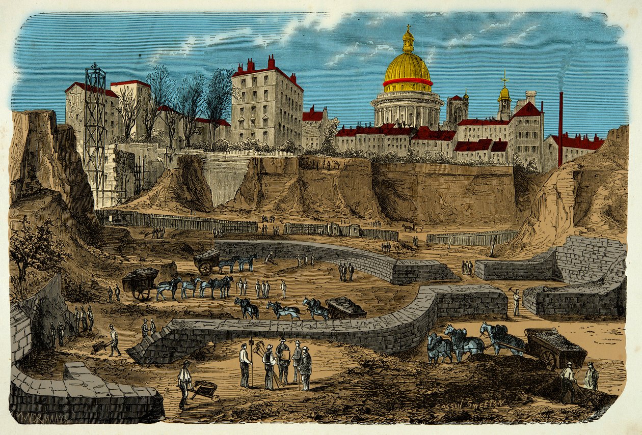 Umístění cirkusu Gallo Romain z 2. století př. n. l., objevené v roce 1870 při vrtání rue Monge v Paříži, rytina 19. století od Unknown artist