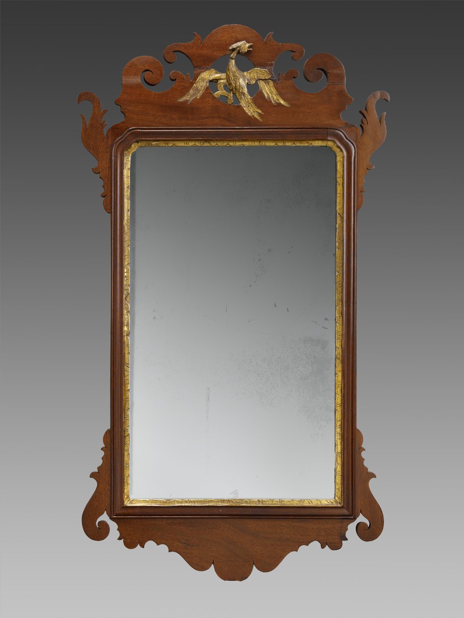 Zrcadlové sklo, c. 1750-1820 (mahagonová dýha, neidentifikovaná sekundární dřeva, plátkové zlato a zrcadlové sklo) od Unknown artist