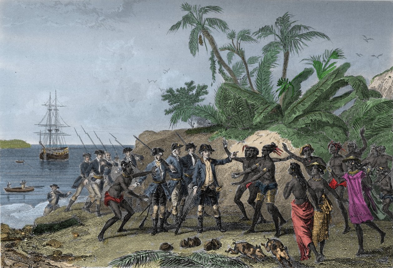 Louis Antoine (Louis-Antoine) z Bougainville, francouzský mořeplavec (1729-1811), promlouvající k ostrovům markýzů na Tahiti, 6. dubna od Unknown artist
