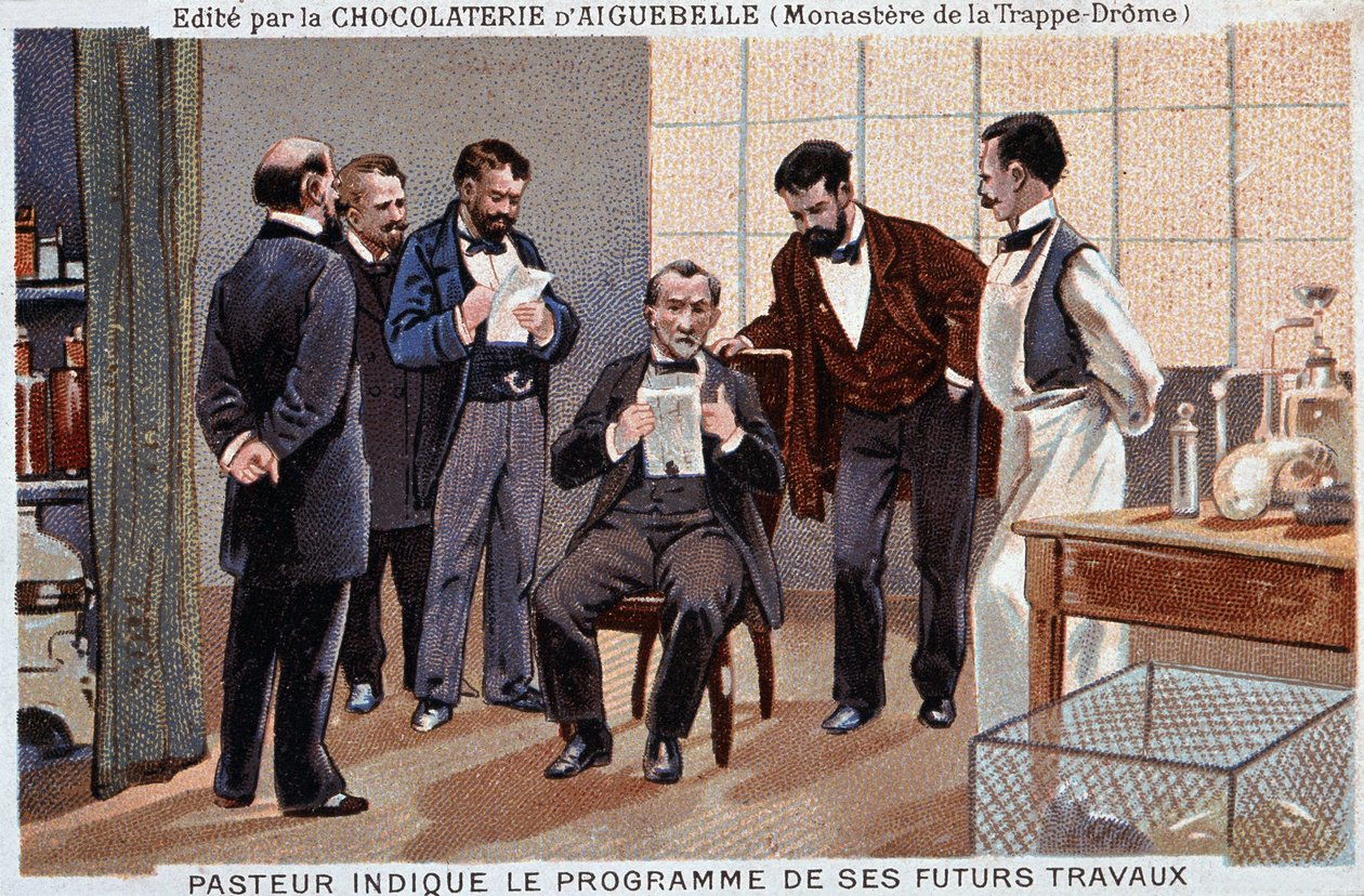 Louis Pasteur, francouzský vědec (1822-1895), naznačil program své budoucí práce, obklopen spolupracovníky - čokoládová reklamní etiketa Aiguebelle, v. 1895. od Unknown artist