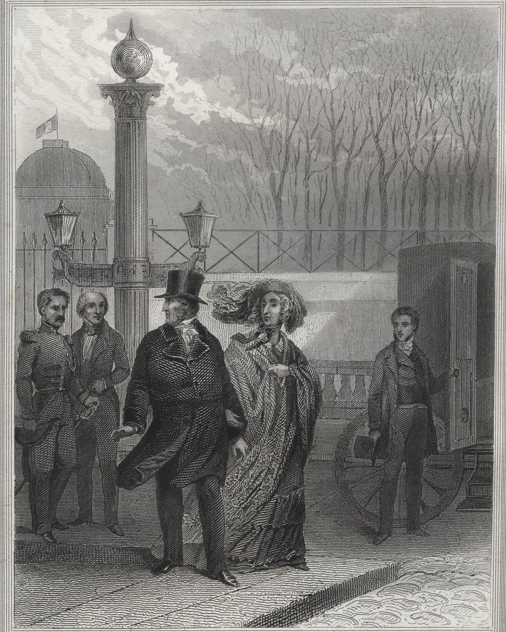 Louis Philippe a jeho rodina před palácem Tuileries – Abdikace Ludvíka-Philippa I., 24. února 1848 a založení Druhé republiky – revoluce v únoru 1848. Lidé zaútočili na Tuileries 24. února 1848 po příbuzných od Unknown artist