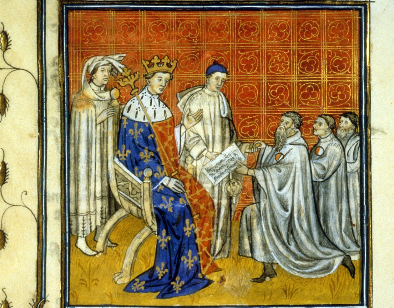 Ludvík X. (1289 - 1316) uděluje Židům v království listinu - Vykoupení Židy v roce 1315 o jejich právu na návrat do francouzského království po vyhnání roku 1308 Filipem Belem. Jsou identifikovatelné podle bílého a červeného kolečka. Illumina od Unknown artist