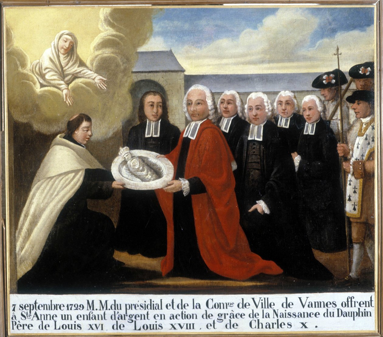MM du Presidial et de la Commune de Vannes nabízí svaté Anně jako díkůvzdání stříbrné dítě z narození delfína Louise de France (1729-1765), 7. září 1729 - Ex-Voto Sainte Anne d