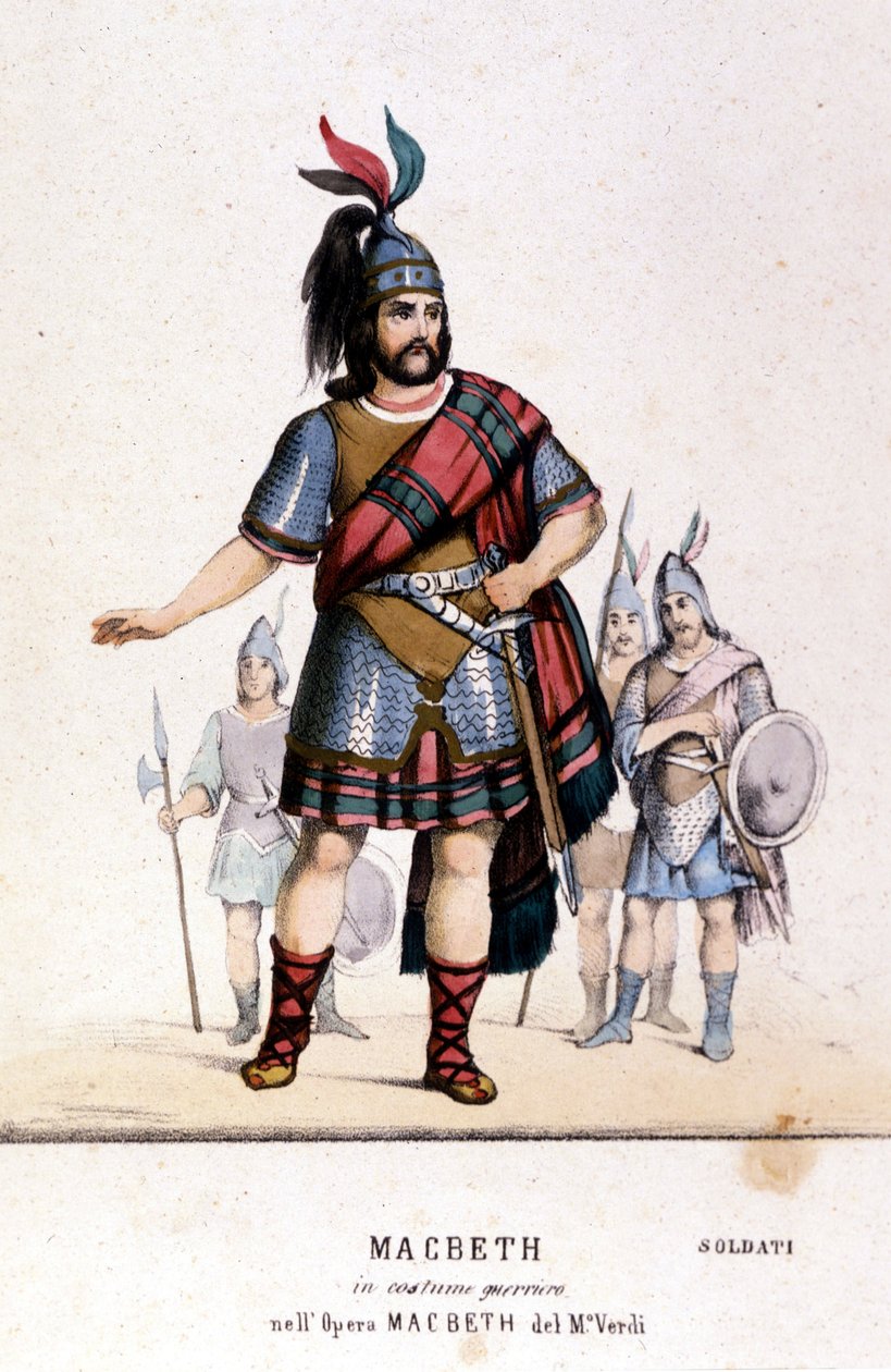 Postava Macbetha v kostýmu bojovníka ve stejnojmenné opeře Giuseppe Verdiho (1813 - 1901) podle díla Williama Shakespeara. 1847. Rytina. od Unknown artist