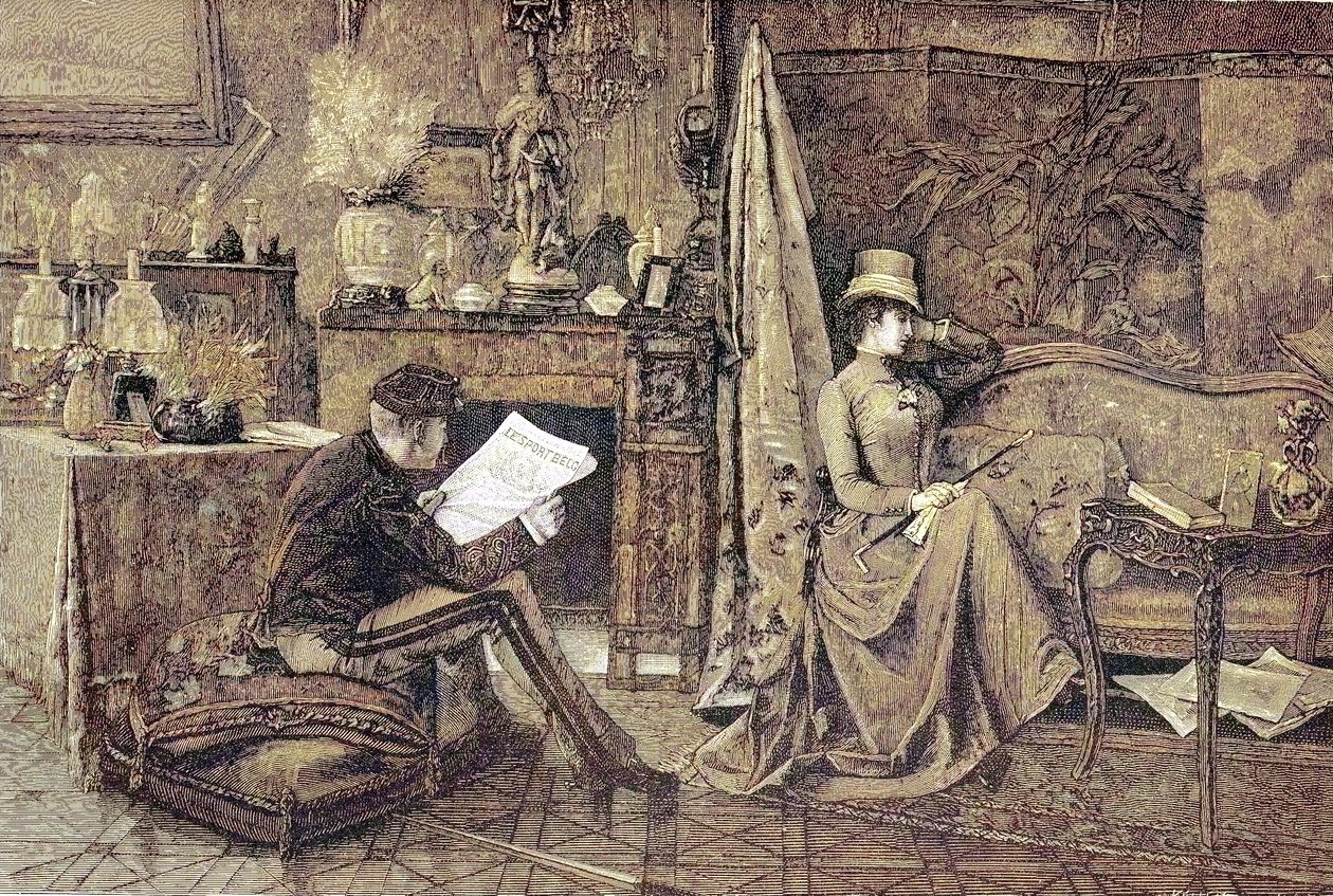 Madame Sulking, pár, on si čte noviny a ona sedí na pohovce a je uražená od Unknown artist
