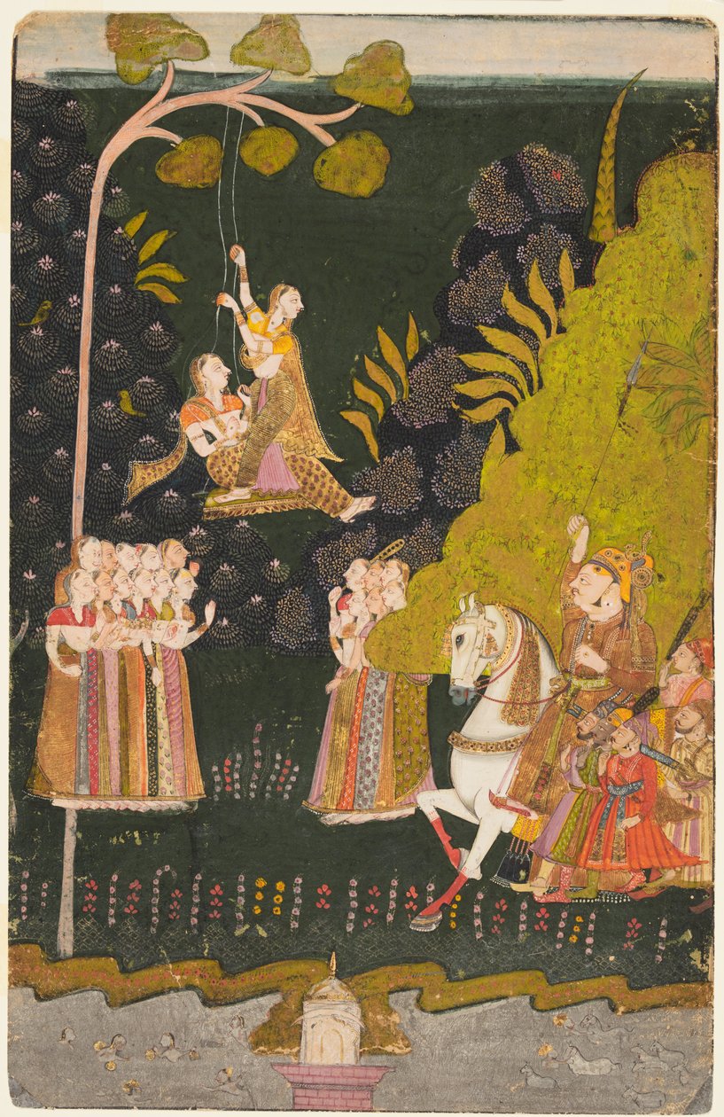 Maharaja Abhai Singh of Marwar (r. 1724–49), jezdec, sledování houpání dívek na Teej Festivalu od Unknown artist