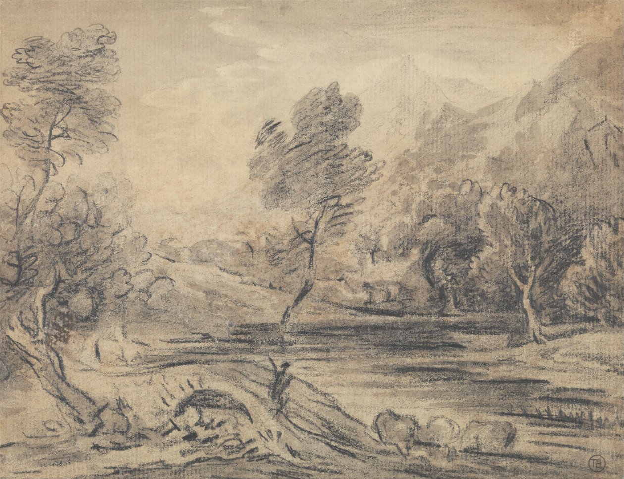 Muž přes hrbový most přes řeku s napájením dobytka od Unknown artist