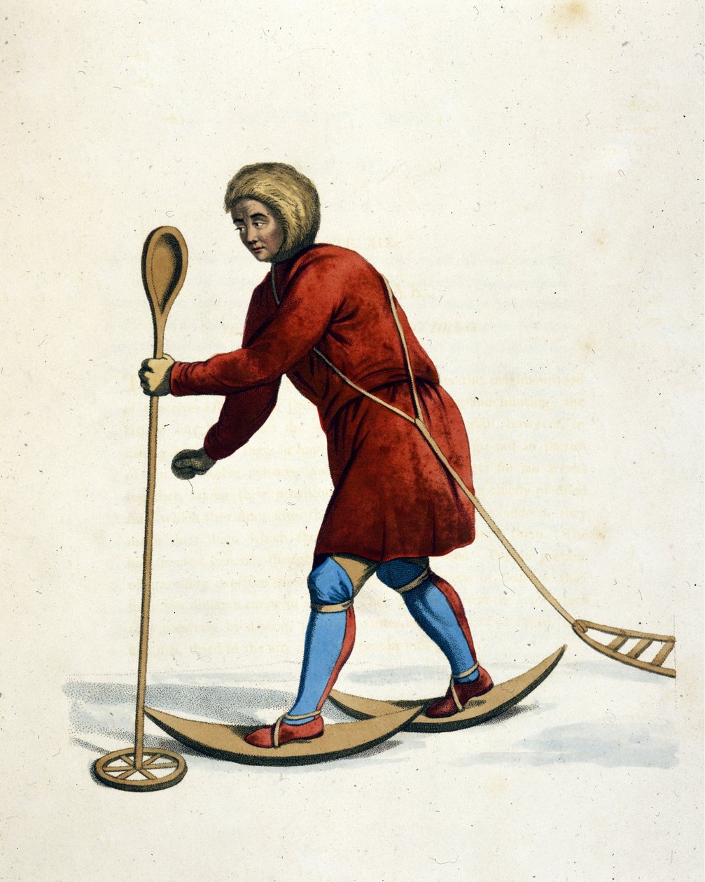 Muž z kmene Ostiak (Khanty nebo Khante) (Sibiř) na lyžích. Rytina „Kostým ruského impéria“ Londýn 1803. od Unknown artist