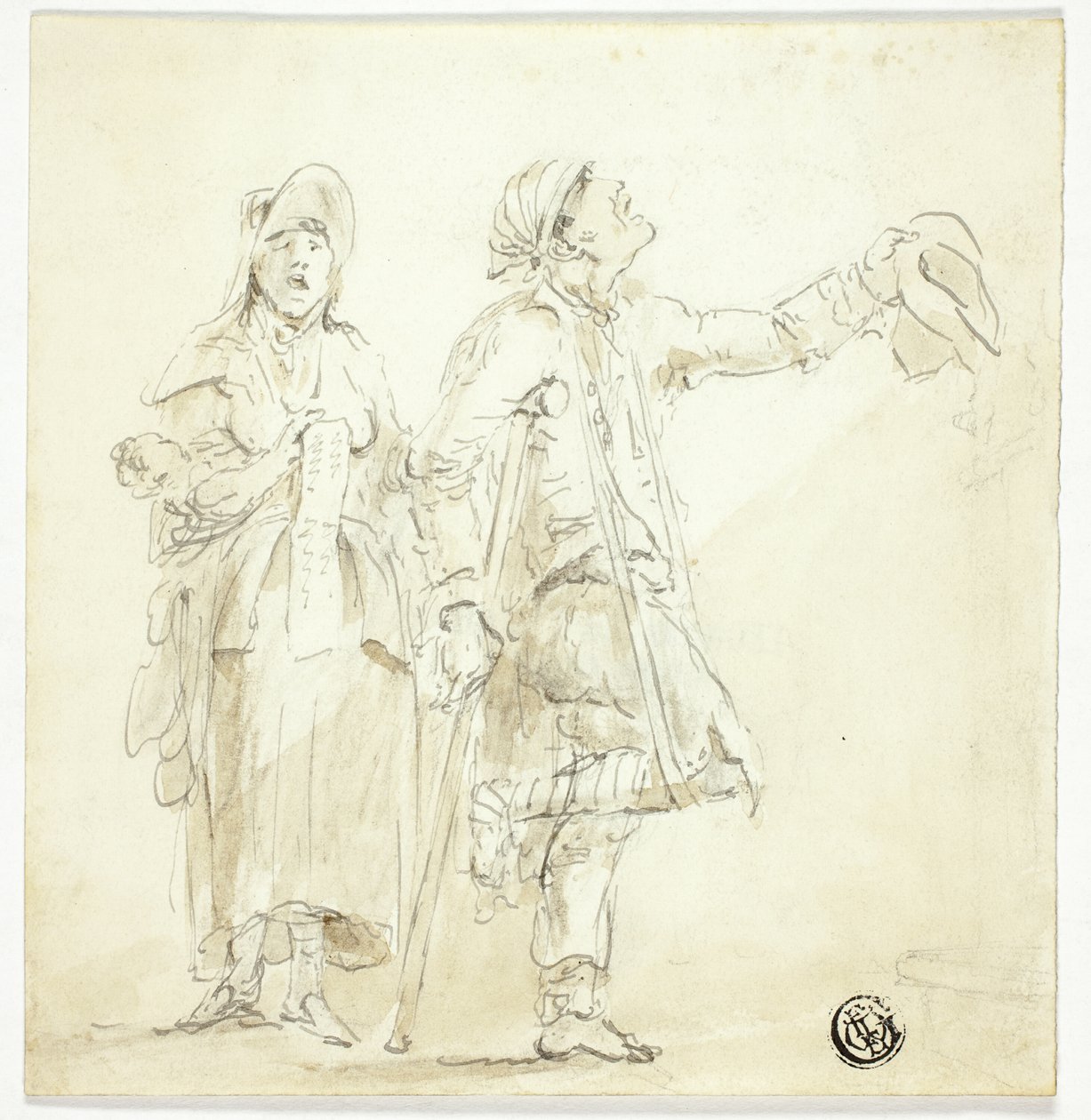 Muž o berlích žebrání, se ženou, která zpívá a drží dítě od Unknown artist