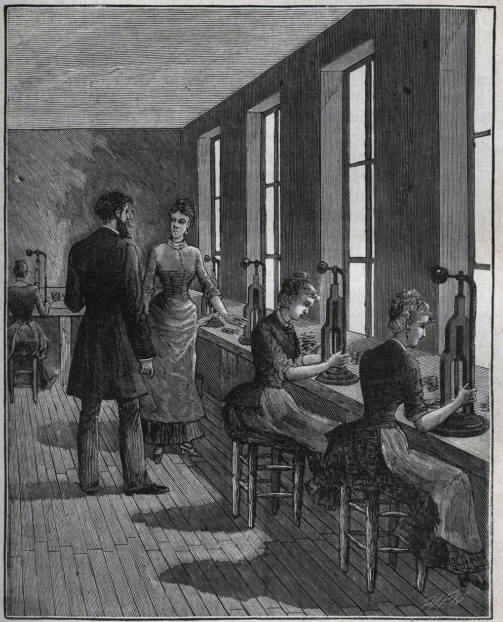 Výroba kovových peří: dílna na decoupage ve Francii v 19. století. Rytina z roku 1885 v „“Les arts et metiers illustres““ od Adolphe BITARDA. od Unknown artist