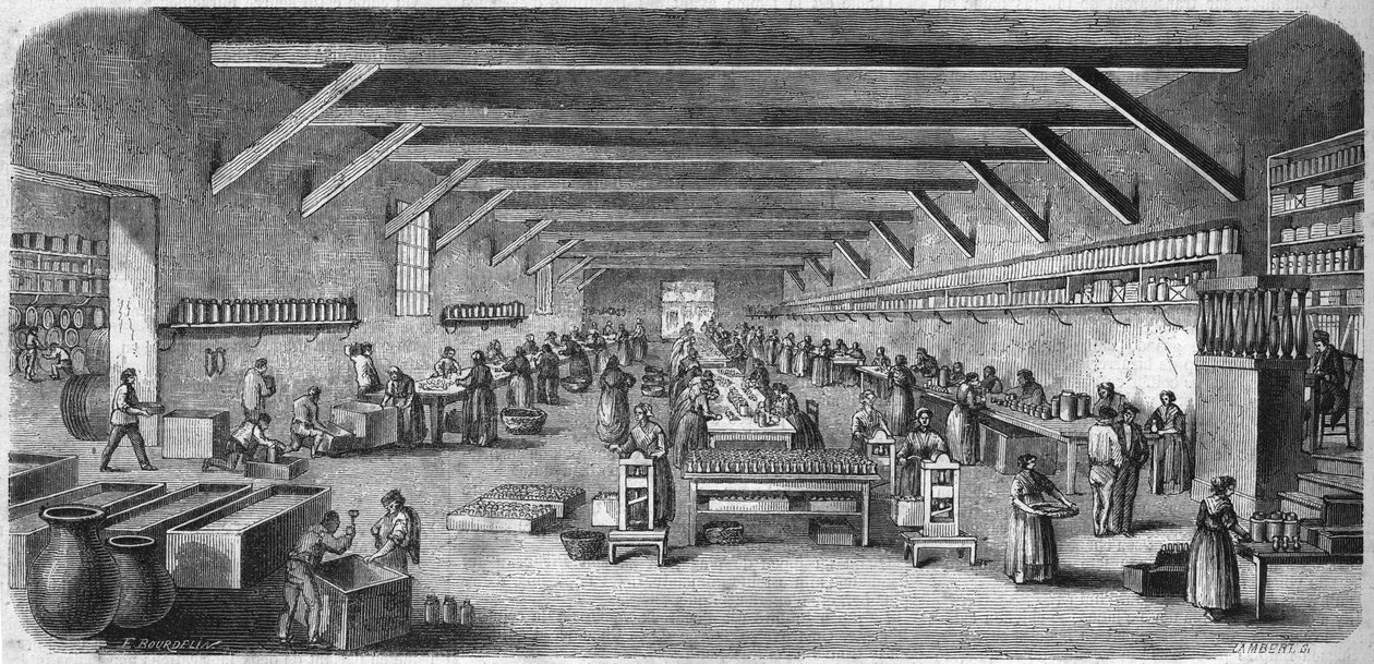 Výroba hořčice a konzerv v Louit freres v Bordeaux. Lahve a balicí místnost. Rytina z roku 1865. od Unknown artist